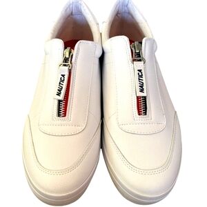 Nautica Miriam Shoes, White‎ Leather, Zip Close Red, Blue Accents, Clean Treads
